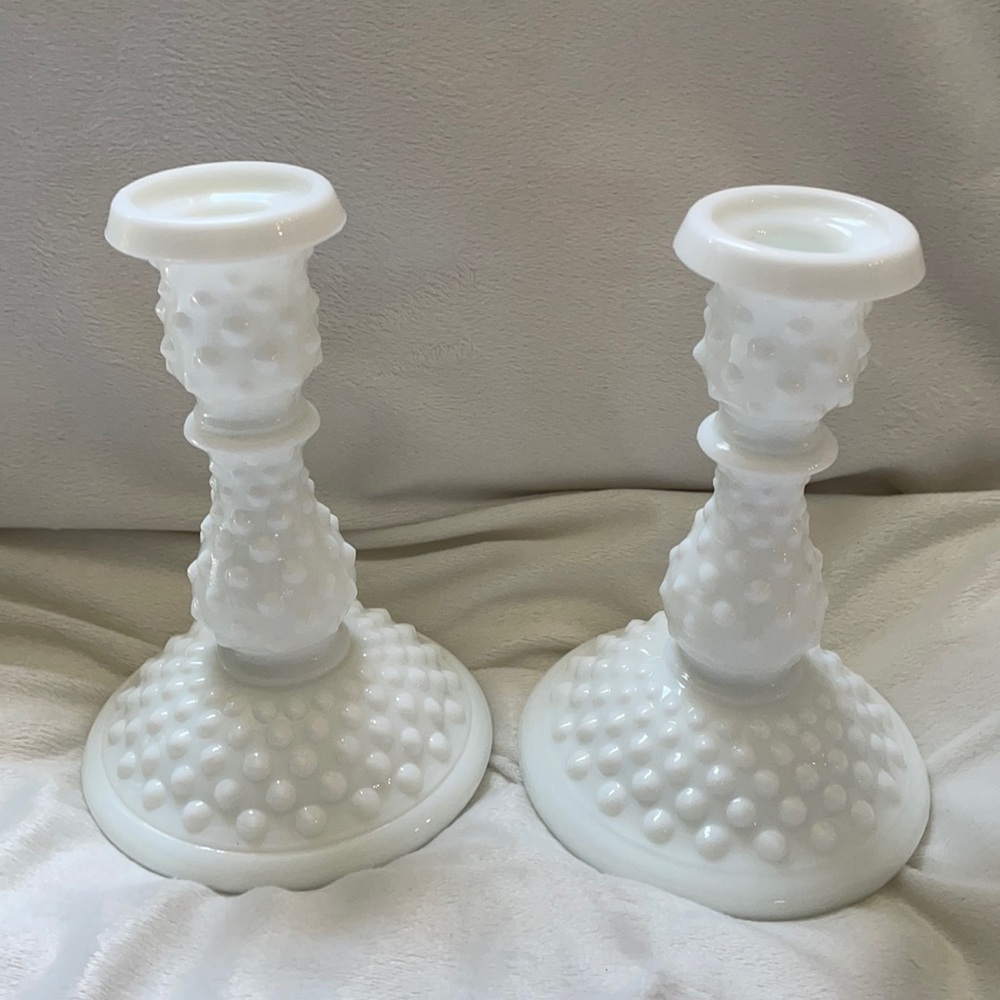 Fenton Milk Glass Hobnail Candlesticks. Set of 2.